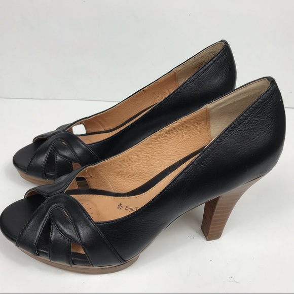 Sofft Mabel Black Leather Platform Peep Toe Heels - Picture 3 of 8